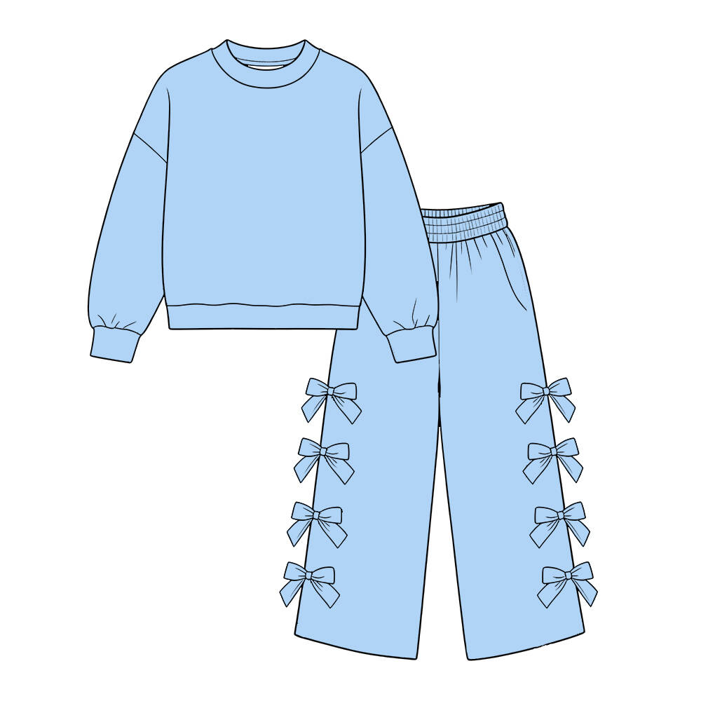 custom moq 5 mix size Baby Girls Solid Long Sleeve Light Blue Sweatshirt And Bow Wide Leg Trouser Set