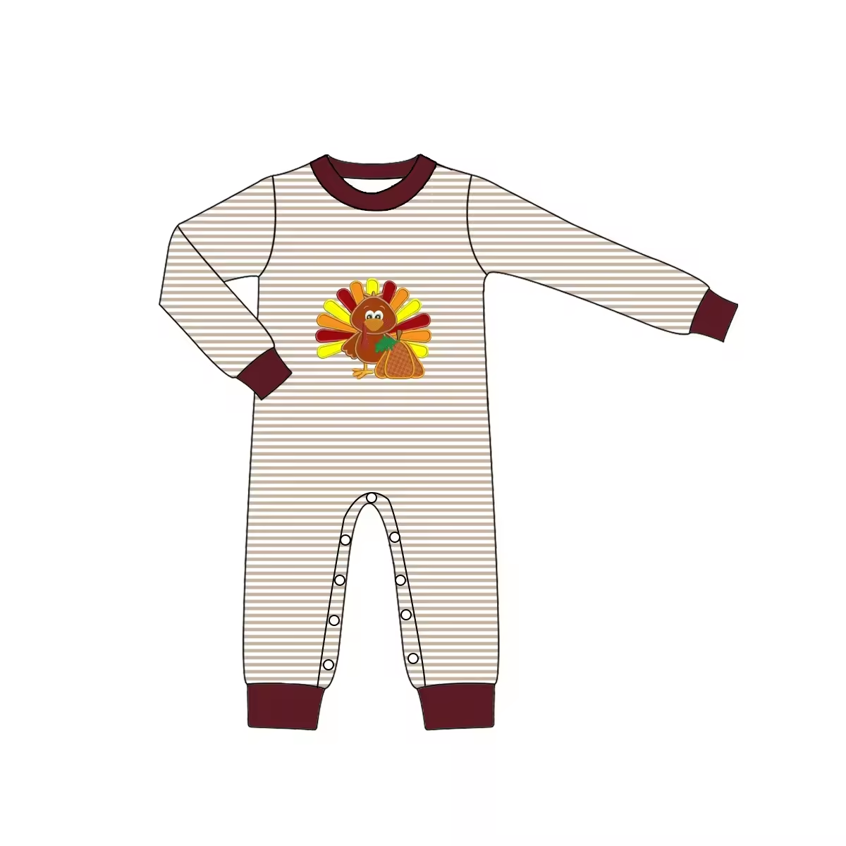 Custom moq 3 eta 6-8 weeks Embroidered Pumpkin Peacock Brown Striped Long Sleeve Romper