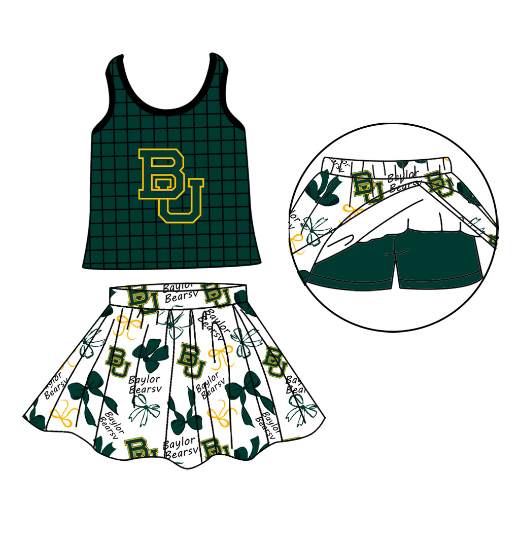 Custom moq 5 mix size milk silk summer teams Baby Girls Summer Sleeveless Green Plaid Top Letter Bow Skort Sets