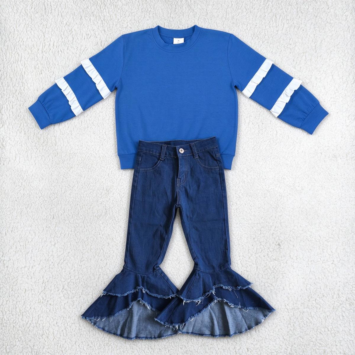 NEW RTS NO MOQ Denim GT1860+ P0007 Baby Girls Blue White Ruffle Sleeve Top Double Ruffle Denim Flare Pant Set