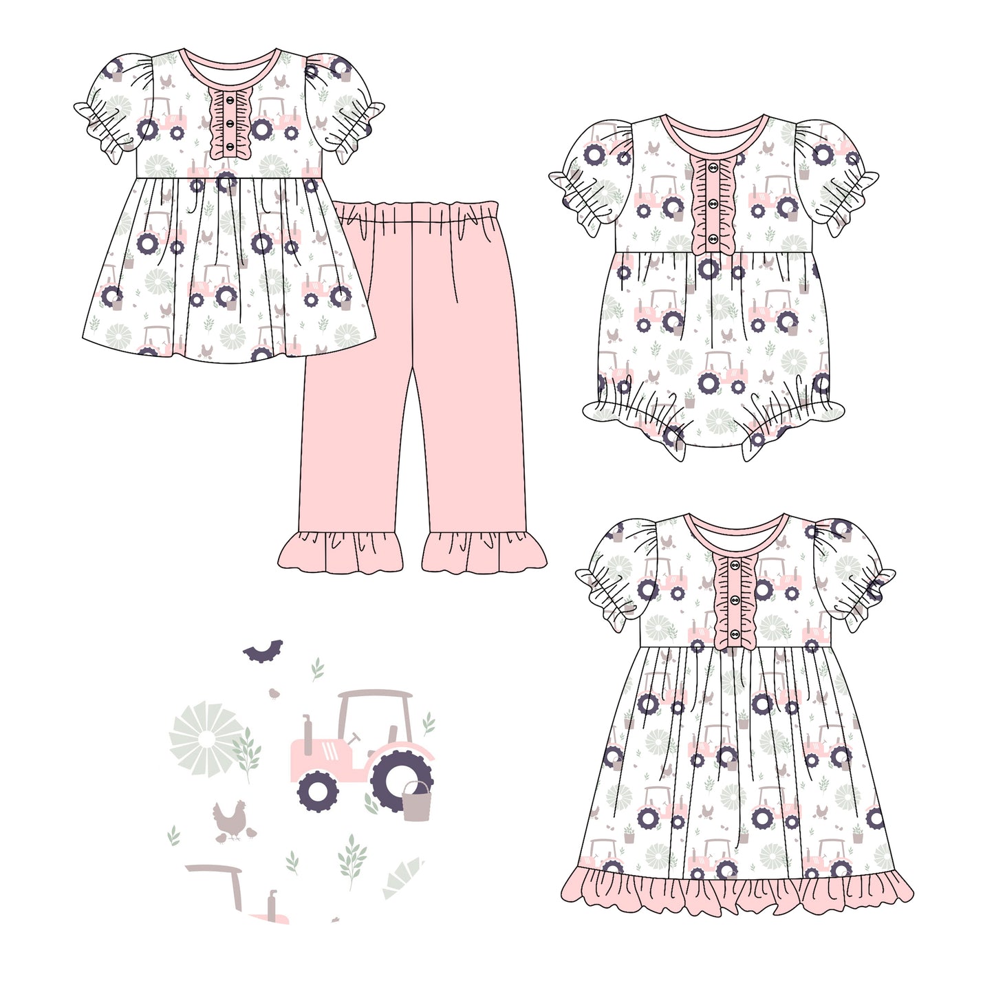 4.14 Custom moq 5 mix size Sibling Baby Girl's White Short Sleeve Tunic Pant Set Cute Romper Dress