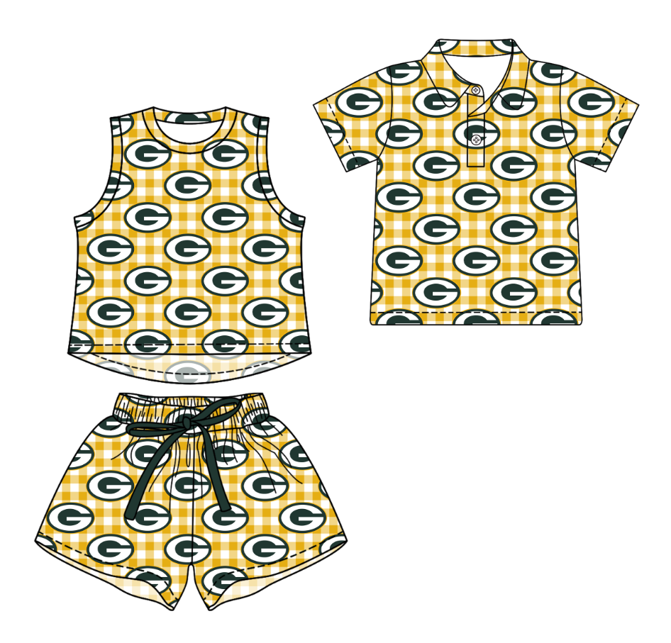 Custom moq 5 mix size milk silk summer teams Girls Checked Yellow Top And Short Sets Boys Short Sleeve Button Polo Shirt Top