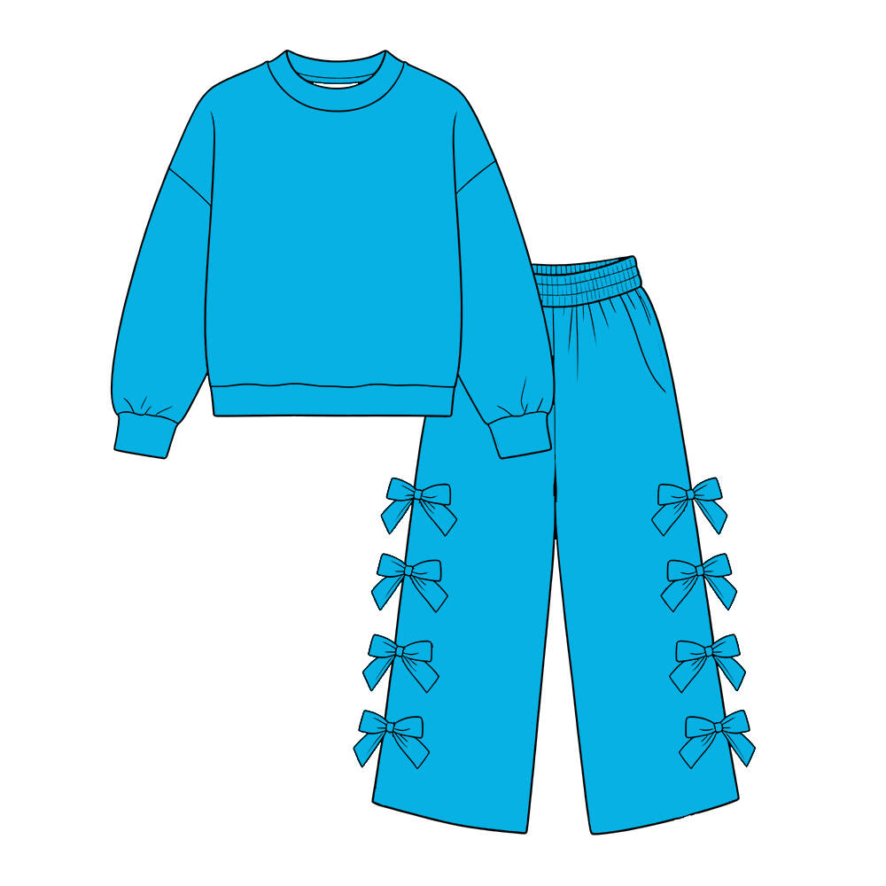 custom moq 5 mix size Baby Girls Solid Blue Long Sleeve Sweatshirt And Bow Wide Leg Trouser Set