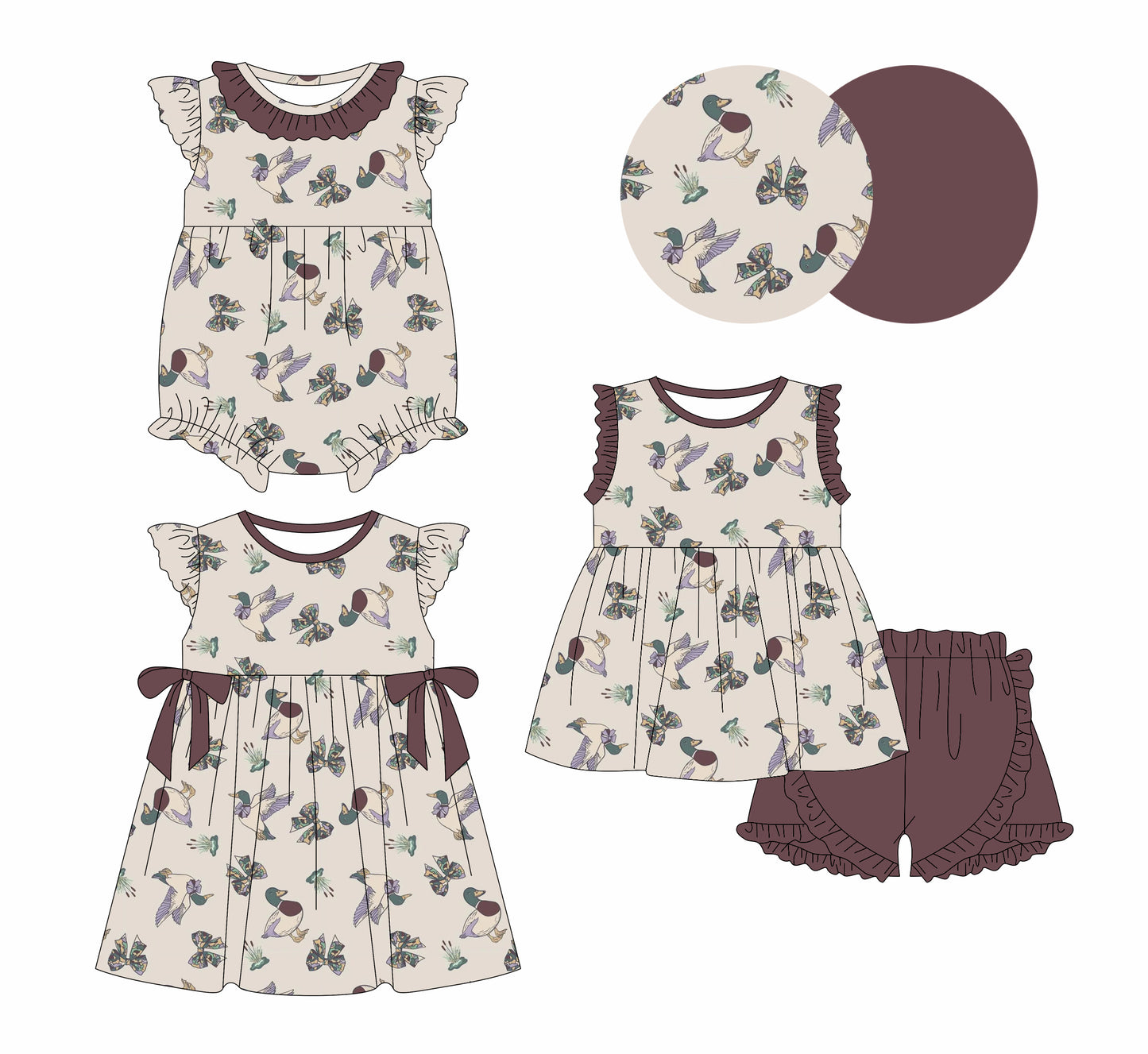 2.11 custom each style moq 5eta 4-6week Sibling Sisters duck baby girl short sleeve shorts sets and dress and rompers match family design