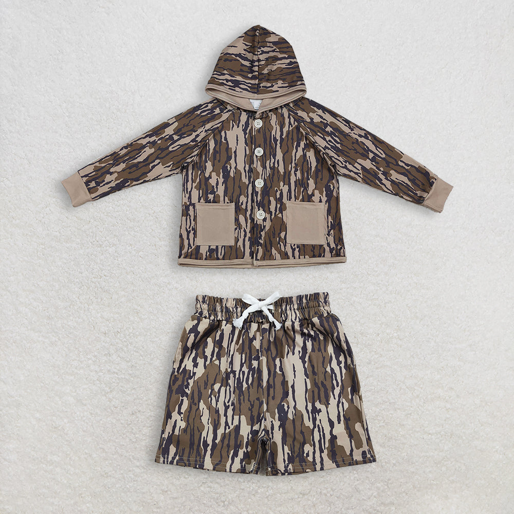 RTS NO MOQ(In Stock) baby boy clothes camouflage hooded long sleeved shorts set