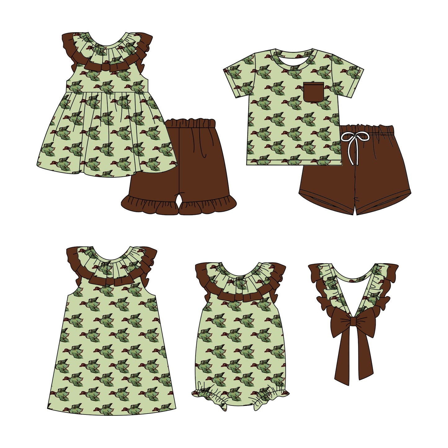 11.28 custom each style moq 5eta 4-6week Sibling Sister duck baby girl short sleeve shorts sets and sets 2 and girls romper and dress match design
