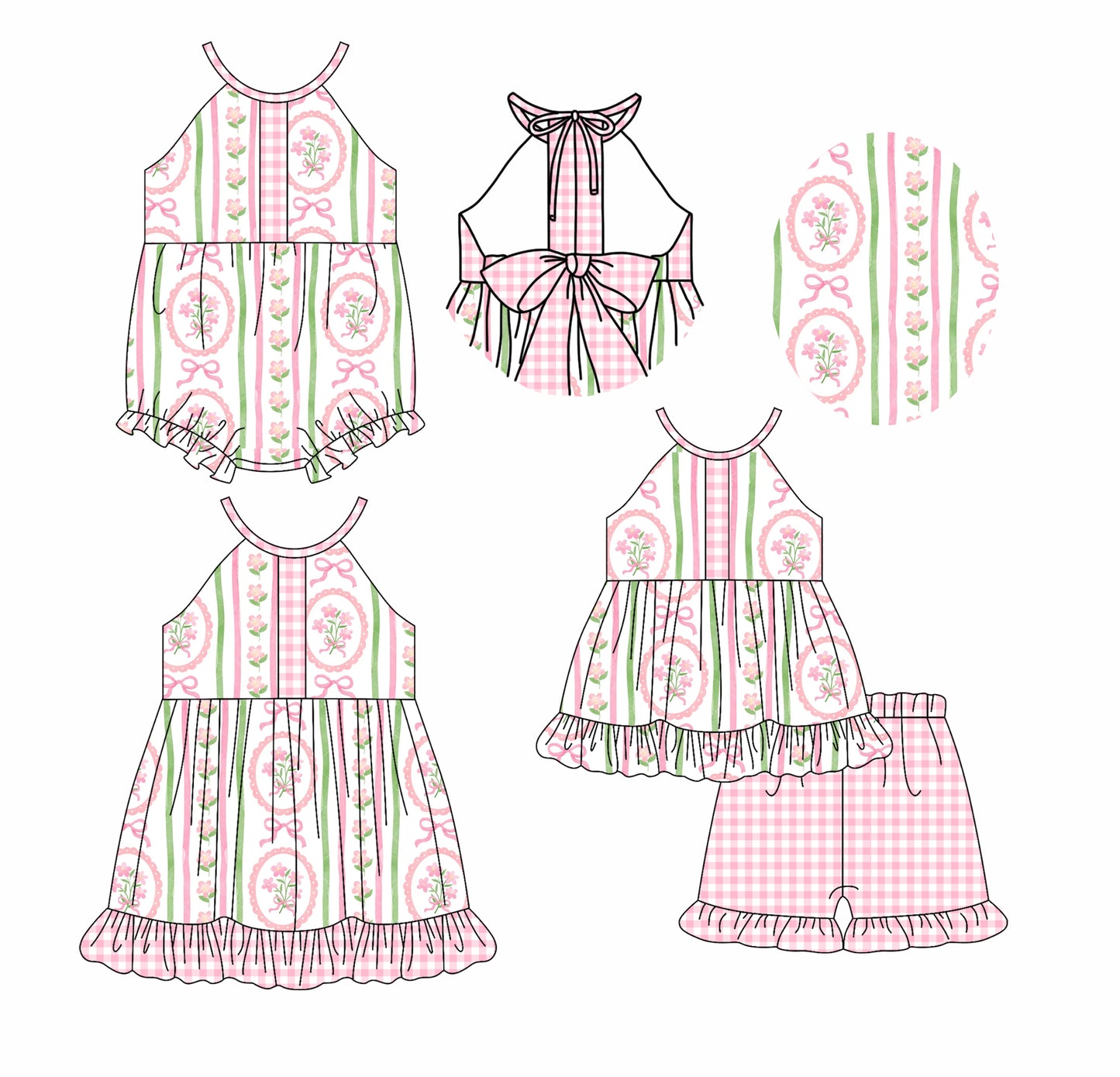 2.20 custom each style moq 5eta 4-6week Sibling Sisters floral bow baby girl short sleeve shorts sets and dress and rompers match family design