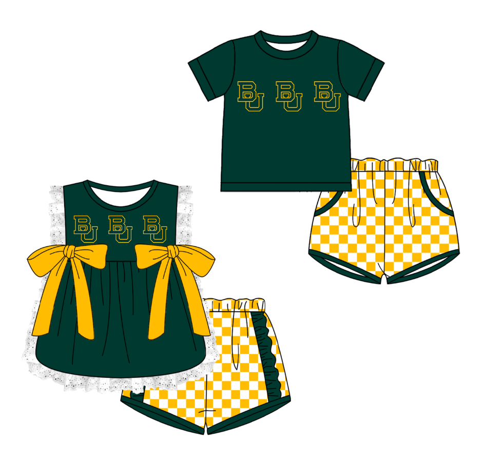 Custom moq 5 mix size milk silk summer teams Green Girl Sleeveless Top And Plaid Shorts Set with Bow Boy Short Sleeved Top And Plaid Shorts Set