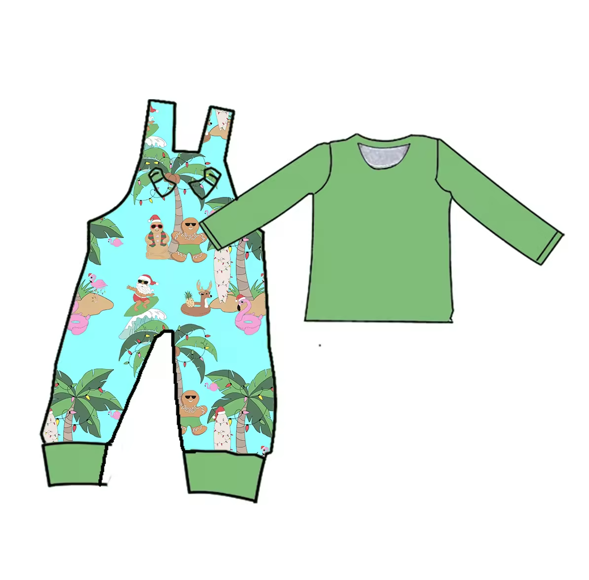 Custom moq 3 eta 6-8weeks Grass Green Long Sleeve Top-Holiday Coconut Lake Blue Overalls Set