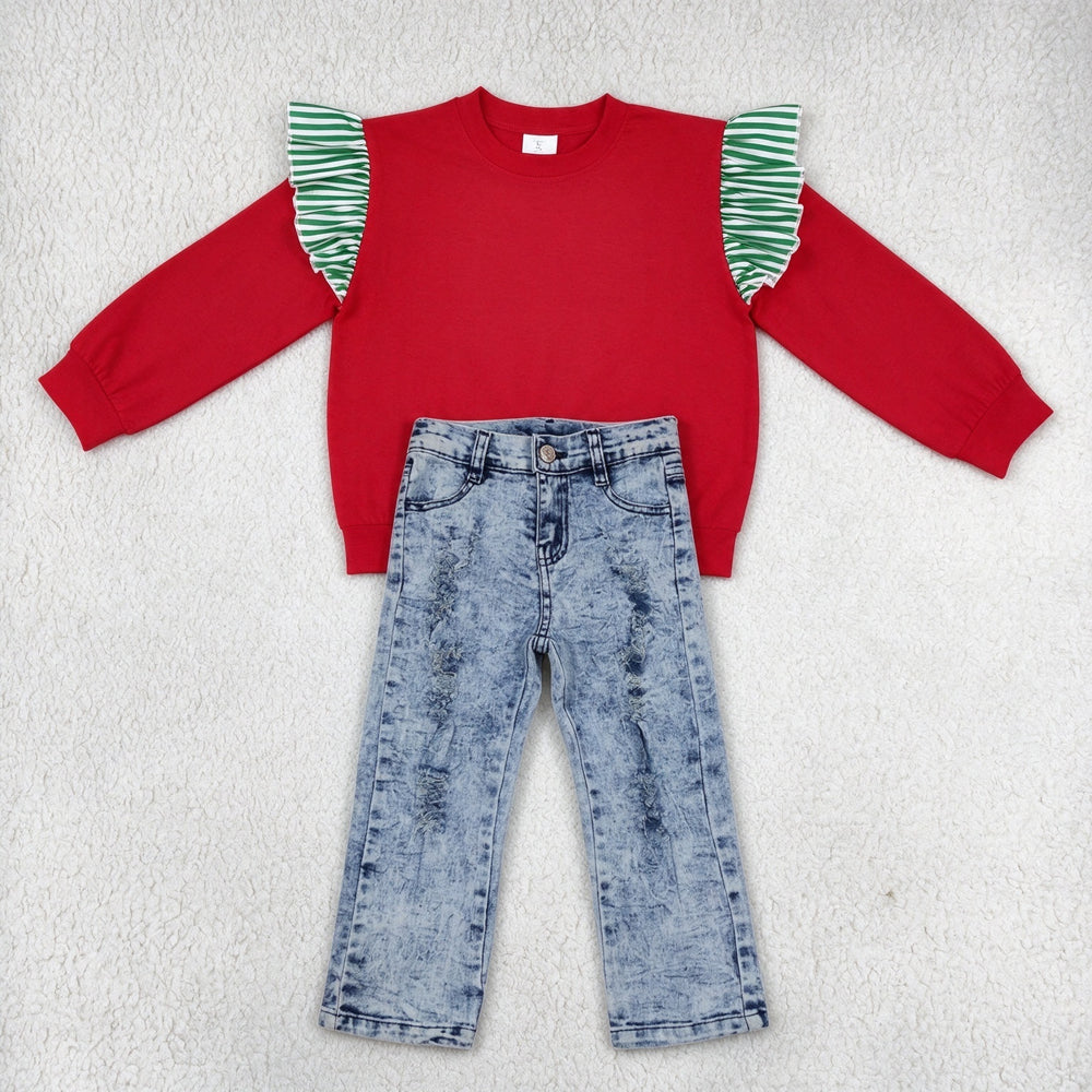 NEW RTS NO MOQ Denim GT1844+ P0244 Baby Girls Green White Striped Ruffle Shoulder Long Sleeve Red Top Ripped Straight Leg Denim Jeans Outfit
