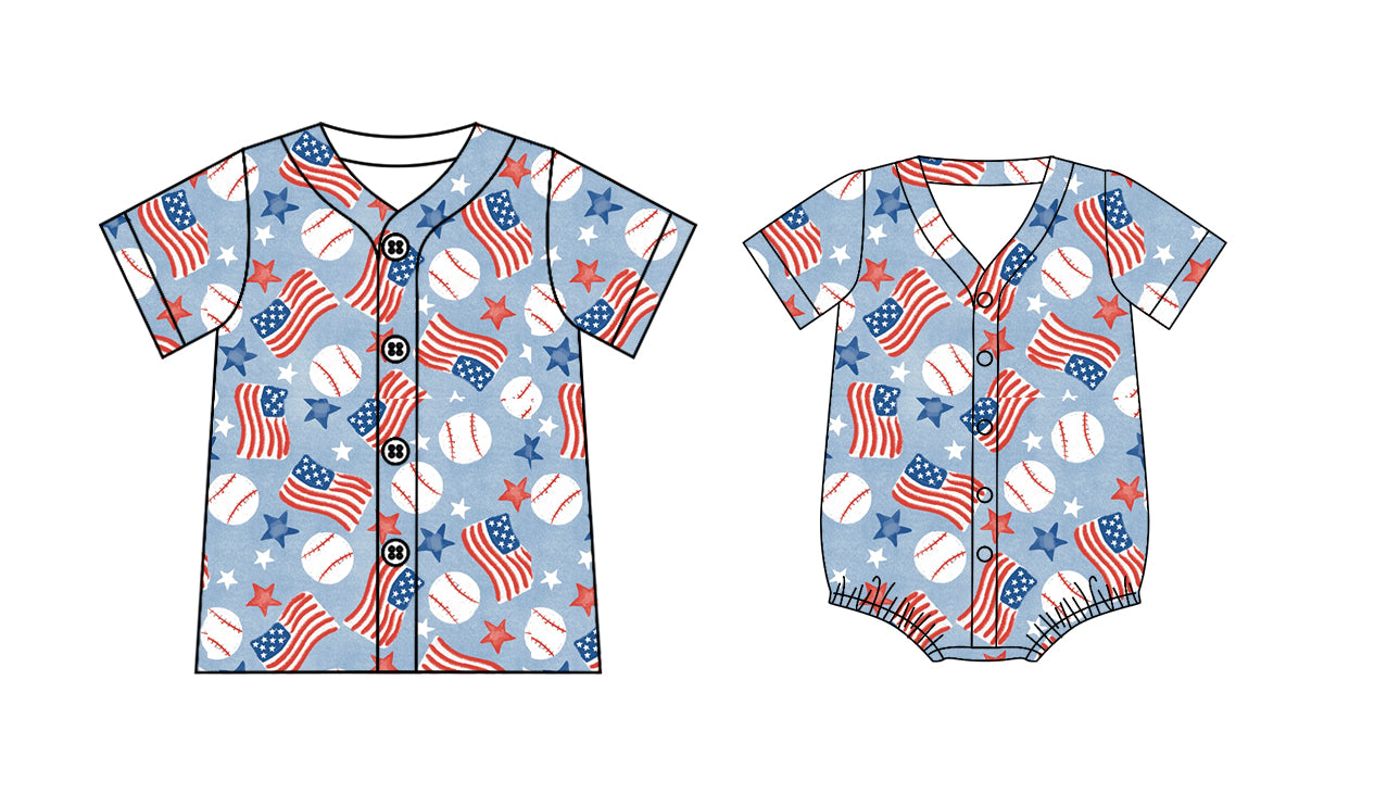 3.10 Custom moq 5 mix size Sibling Baby Boy's 4th of July Short-Sleeved Button-Down Shirt And Matching Romper Set Casual Outfit for Infants