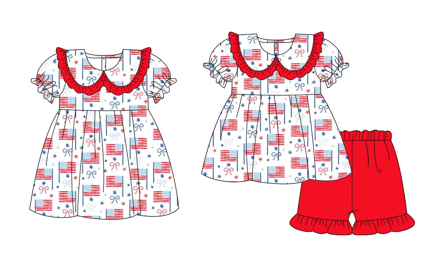 3.5 Custom moq 5 mix size Sibling Baby Girl's 4th of July Short-Sleeved Top And Shorts Set Cute Dress for Summer