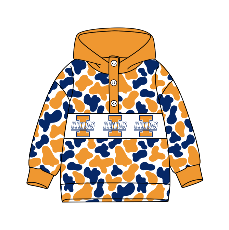 5-Custom moq 8 mix size milk silk summer team baby boy clothes camouflage orange and blue hooded long sleeve top-25.10.9