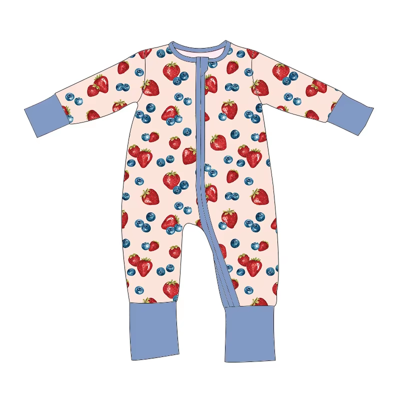 Custom moq 3 eta 6-8 weeks Fruit strawberry and blueberry pattern lotus pink long-sleeved zip-up romper