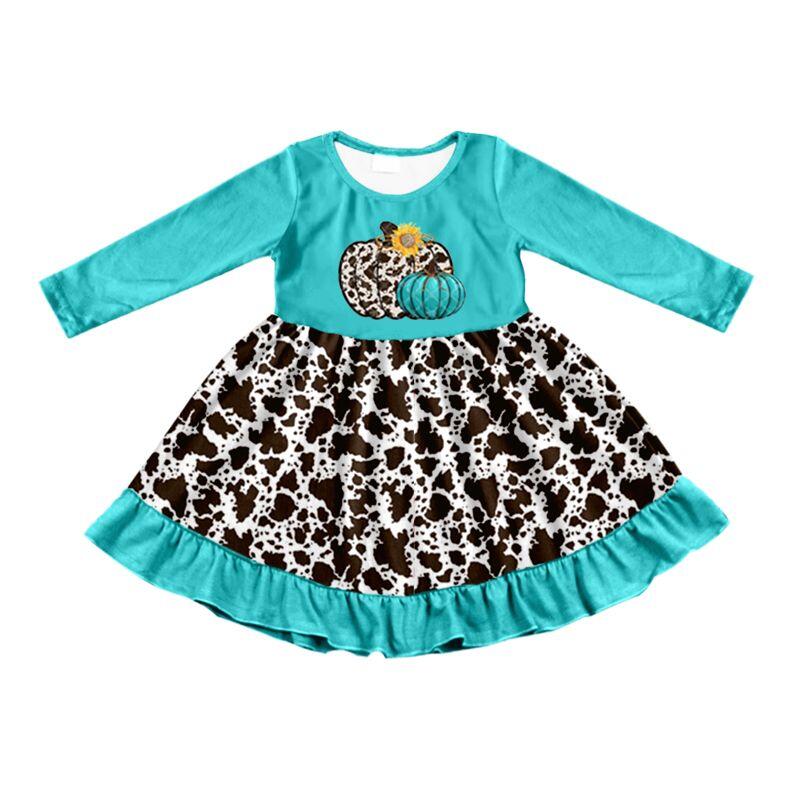 Ink pattern pumpkin teal long-sleeved dress