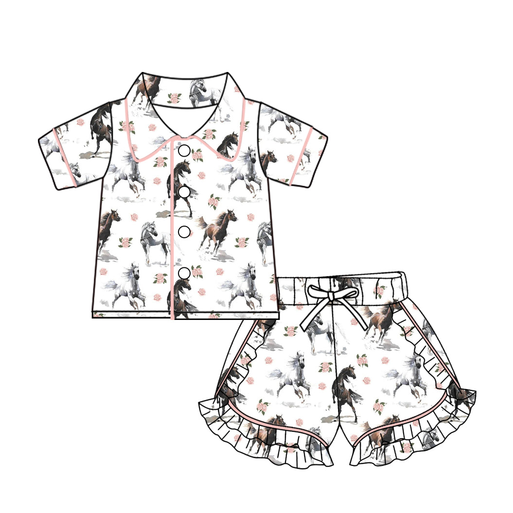 10.22 custom each style moq 5eta 4-6week baby kids clothes horse floral short sleeve shorts pajamas sets