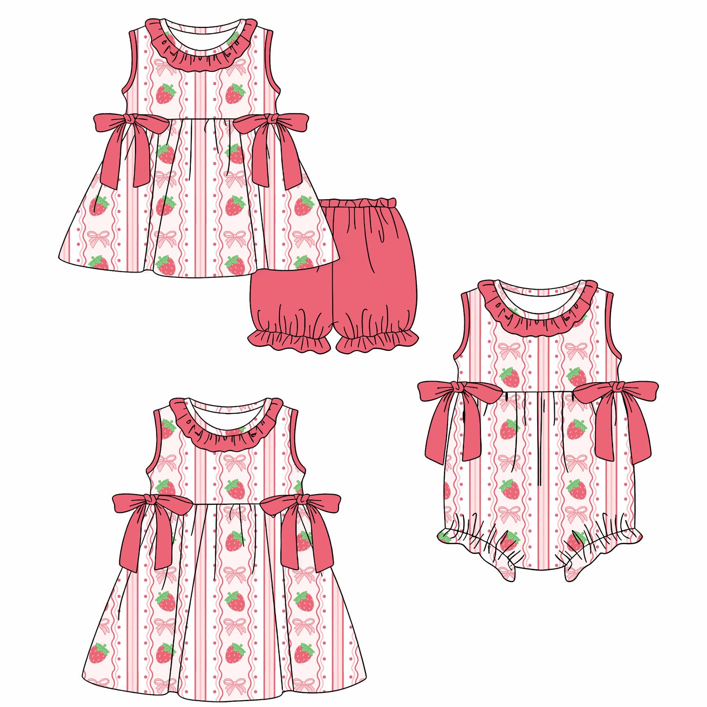 26.1.20 custom each style moq 5 eta 6-8week Sibling Sister strawberry bow baby short sleeve shorts sets and romper and dress match design
