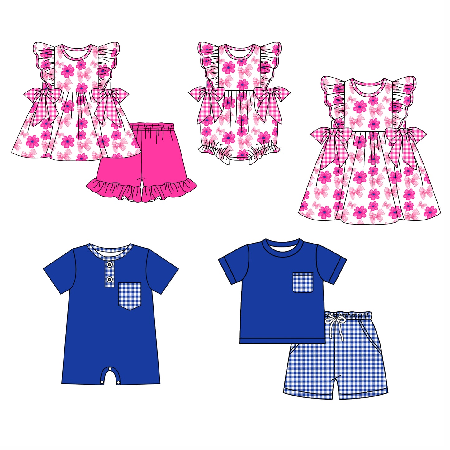 25.12.5 custom each style moq 5 eta 6-8week Sibling Sister floral bow baby short sleeve shorts sets 2 and romper 2 and dress match design