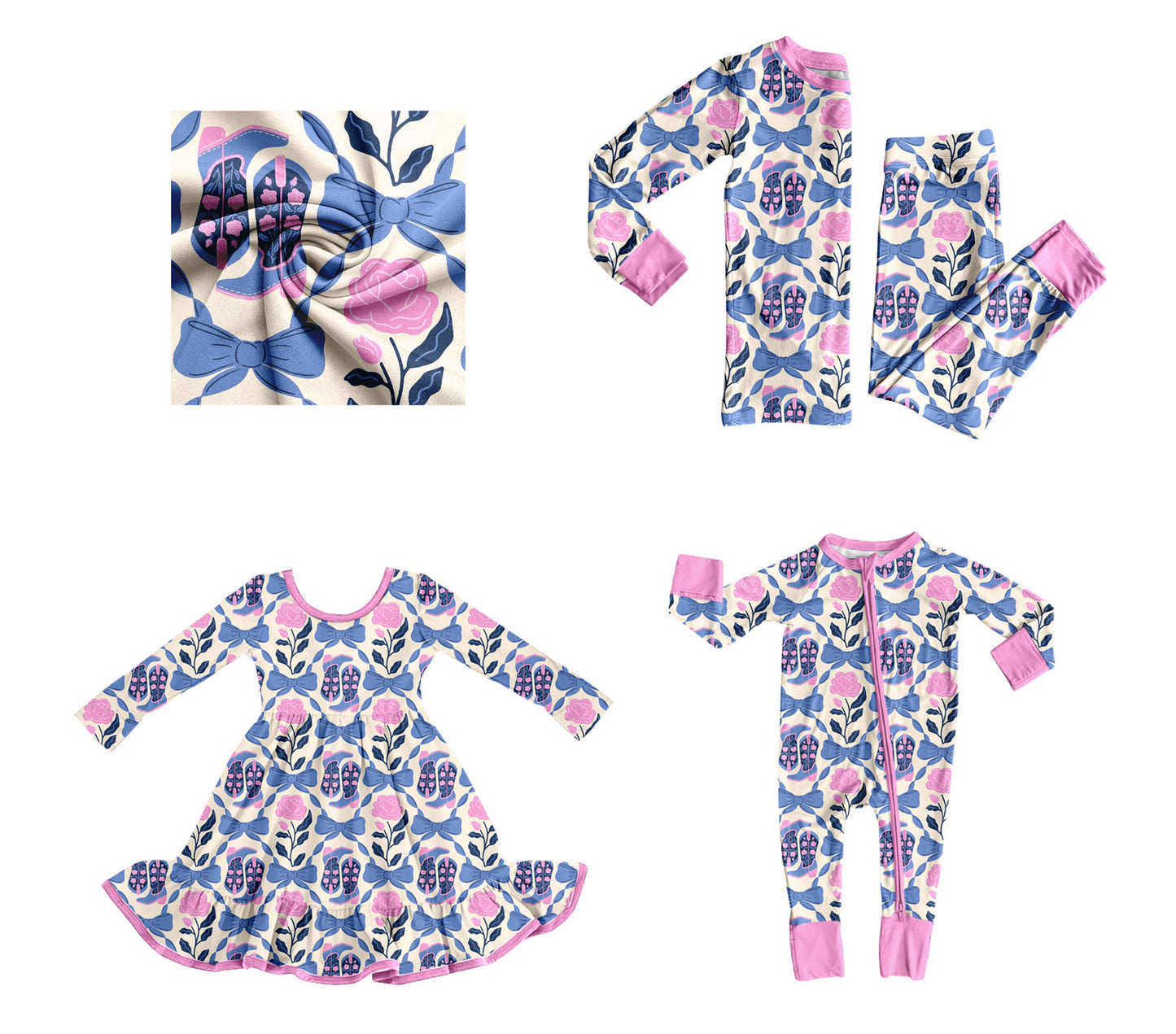 25.9.8 custom each style moq 5eta 4-6week Sibling Sisters floral boot bow baby girl long sleeve pants sets and dress and rompers match family design