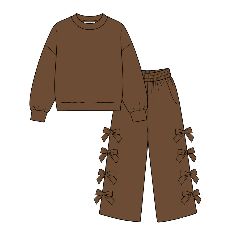 custom moq 5 mix size Baby Girls Solid Brown Long Sleeve Sweatshirt And Bow Wide Leg Trouser Set