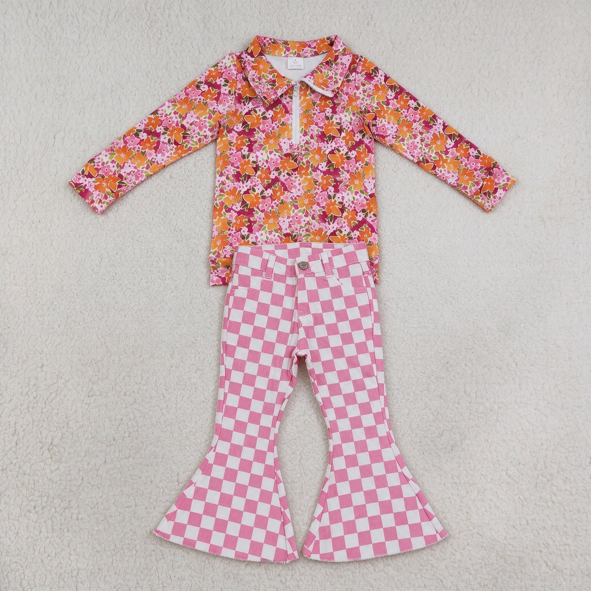 NEW RTS NO MOQ Denim GT1652+ P0348 Baby Girls Pink Floral Half Zip Collar Long Sleeve Top Pink Checkered Bell Bottom Denim Pant Set