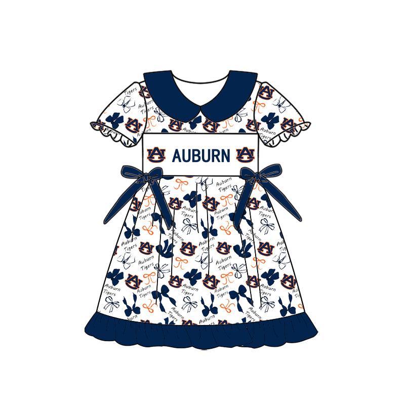 Custom moq 5 mix size milk silk summer teams Baby Girls Navy Blue Peter Pan Collar Knee Length Casual Dress