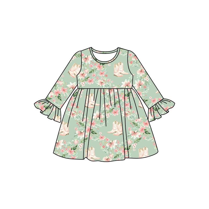 8.2 custom each style moq 5eta 4-6week baby girls clothes boots floral green long sleeve dress