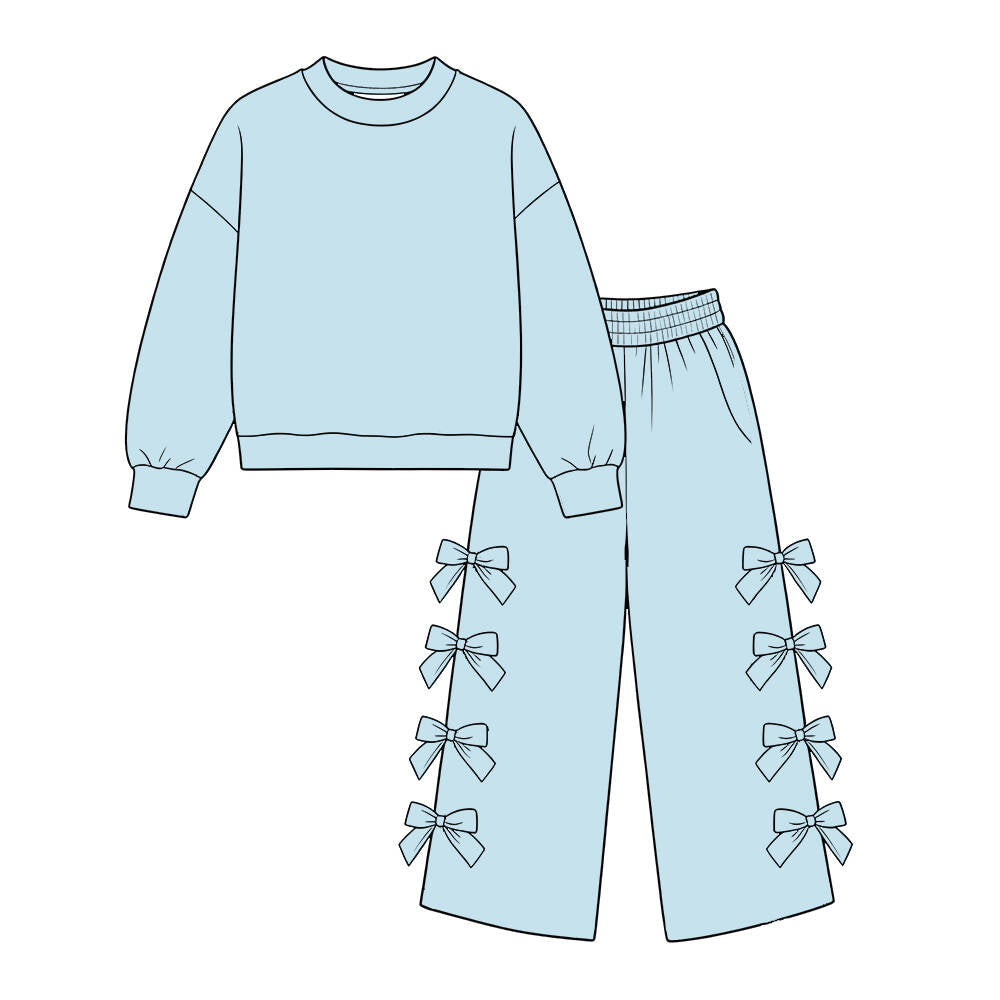 custom moq 5 mix size Baby Girls Solid Light Blue Long Sleeve Sweatshirt And Bow Wide Leg Trouser Set