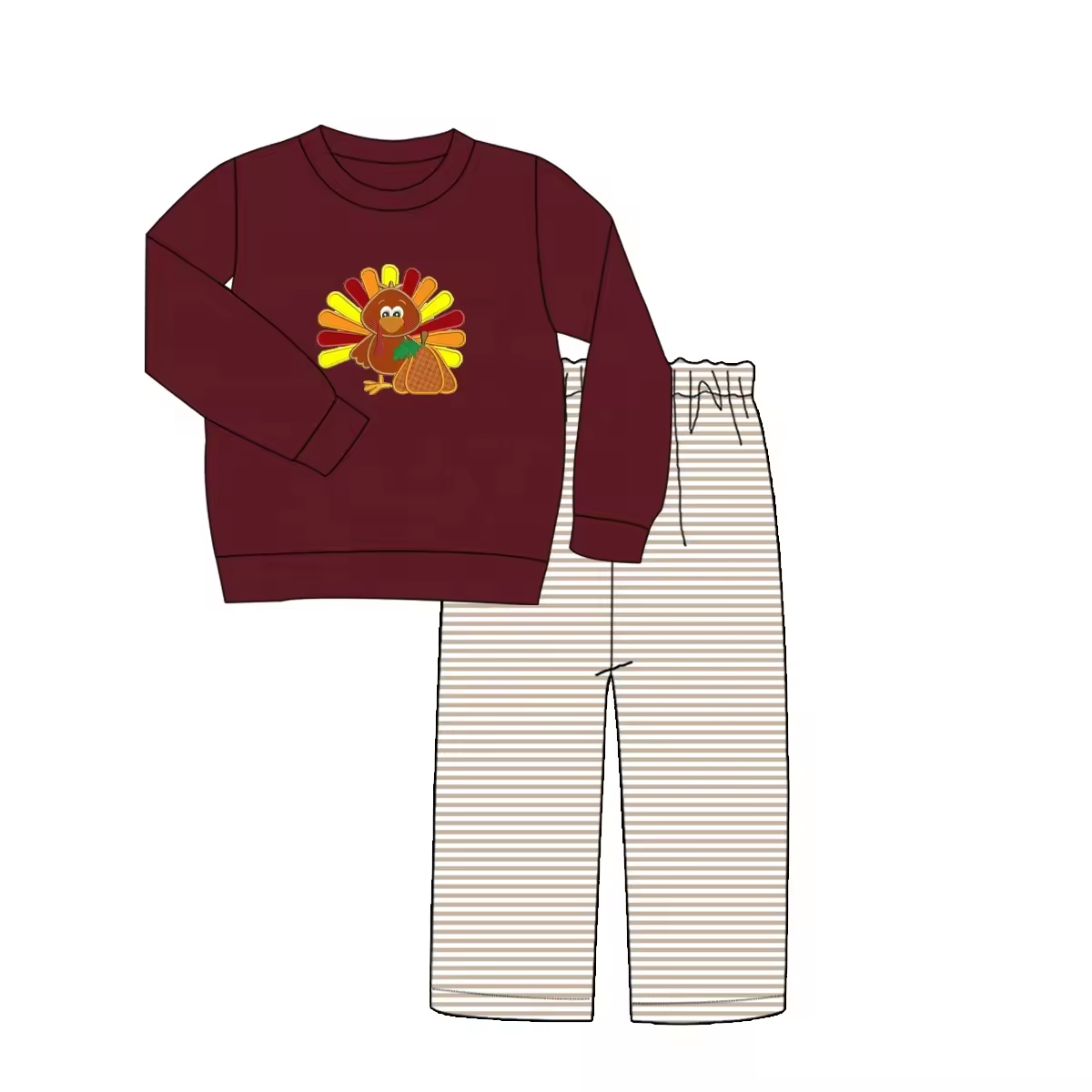 Custom moq 3 eta 6-8weeks Red and brown embroidered turkey pumpkin long sleeve suit