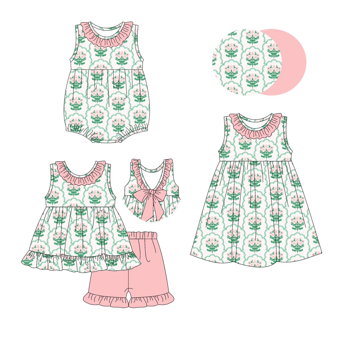 2.25 custom each style moq 5eta 4-6week Sibling Sisters floral baby girl short sleeve shorts sets and dress and rompers match family design