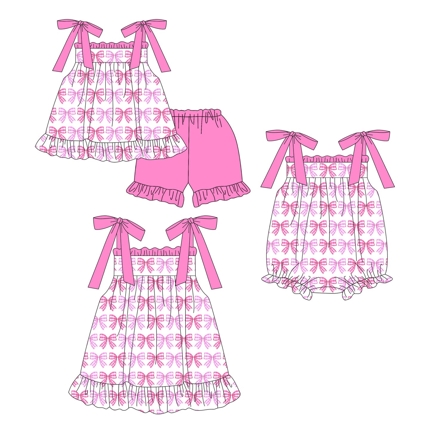 4.3 Custom moq 5 mix size Sibling Baby Girl's Pink Bows Strap Top And Short Set Cute Romper Dress for Summer