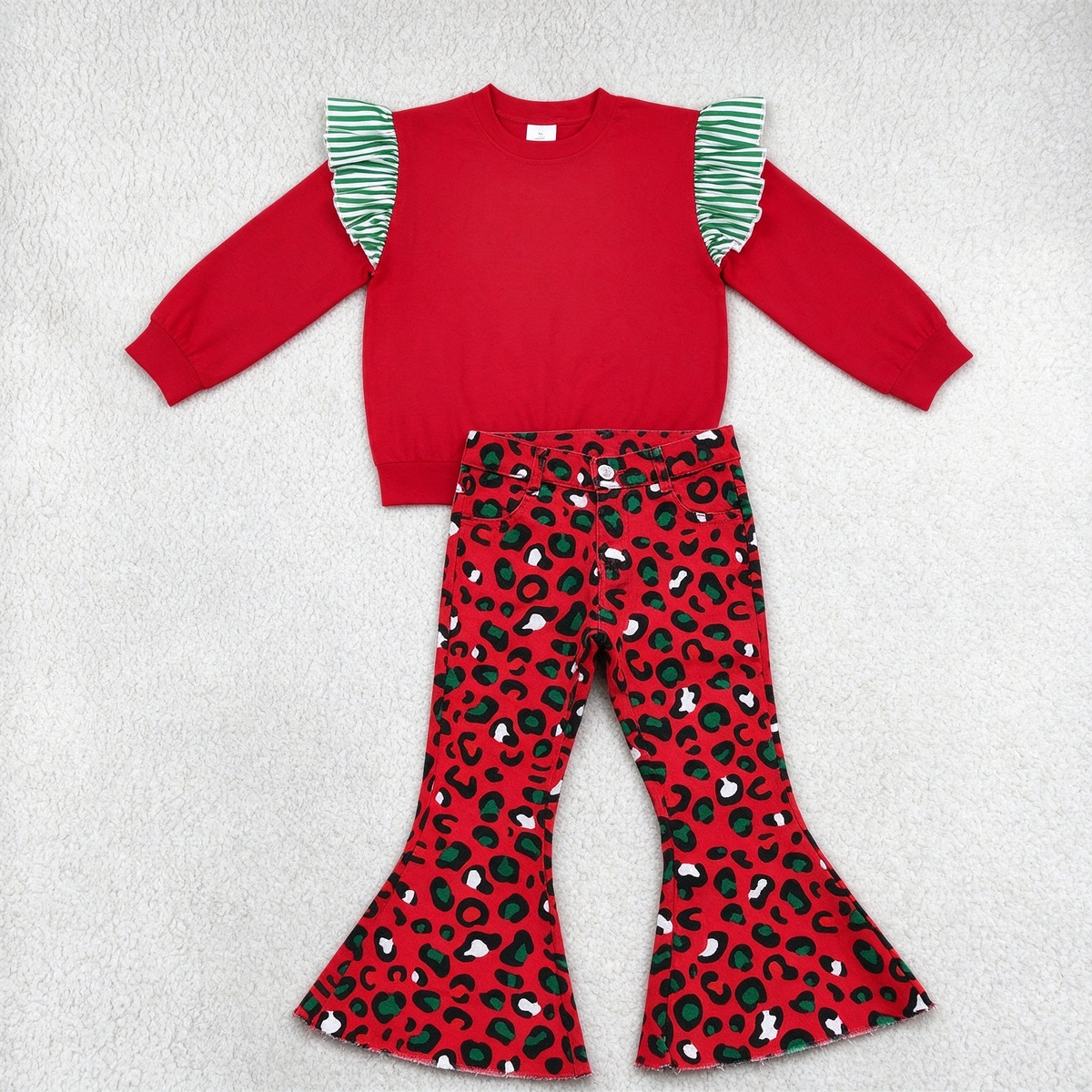 NEW RTS NO MOQ Denim GT1844+ P0229 Baby Girls Red Sweatshirt Green White Stripe Ruffle Shoulder Red Green Leopard Print Frayed Flare Jean Denim Pant Set