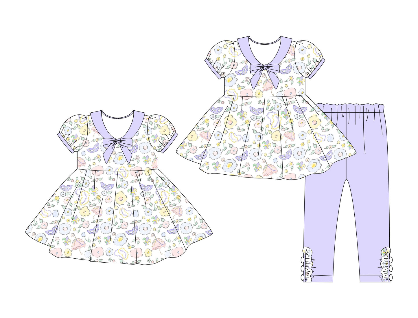 25.10.14 custom each style moq 5 eta 6-8week Sibling Sisters mardi gras floral baby girl short sleeve pants sets and dress match family design