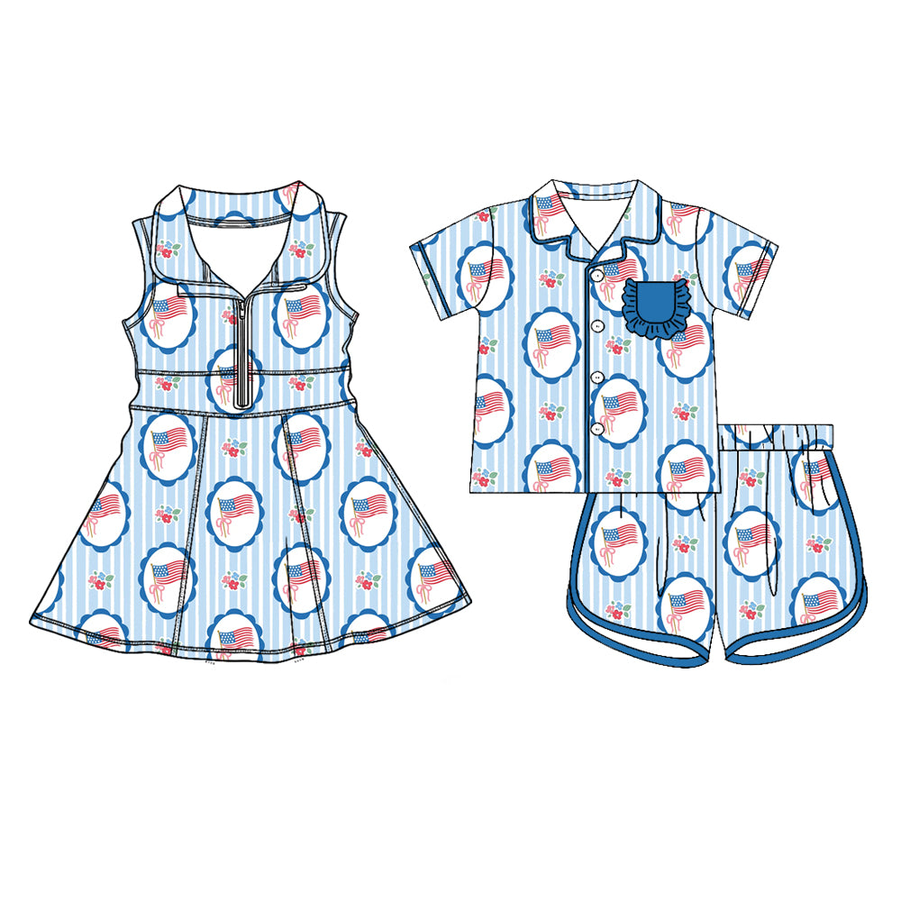 26.1.22 custom each style moq 5 eta 6-8week Sibling Sister flag bow baby short sleeve shorts sets and dress match design