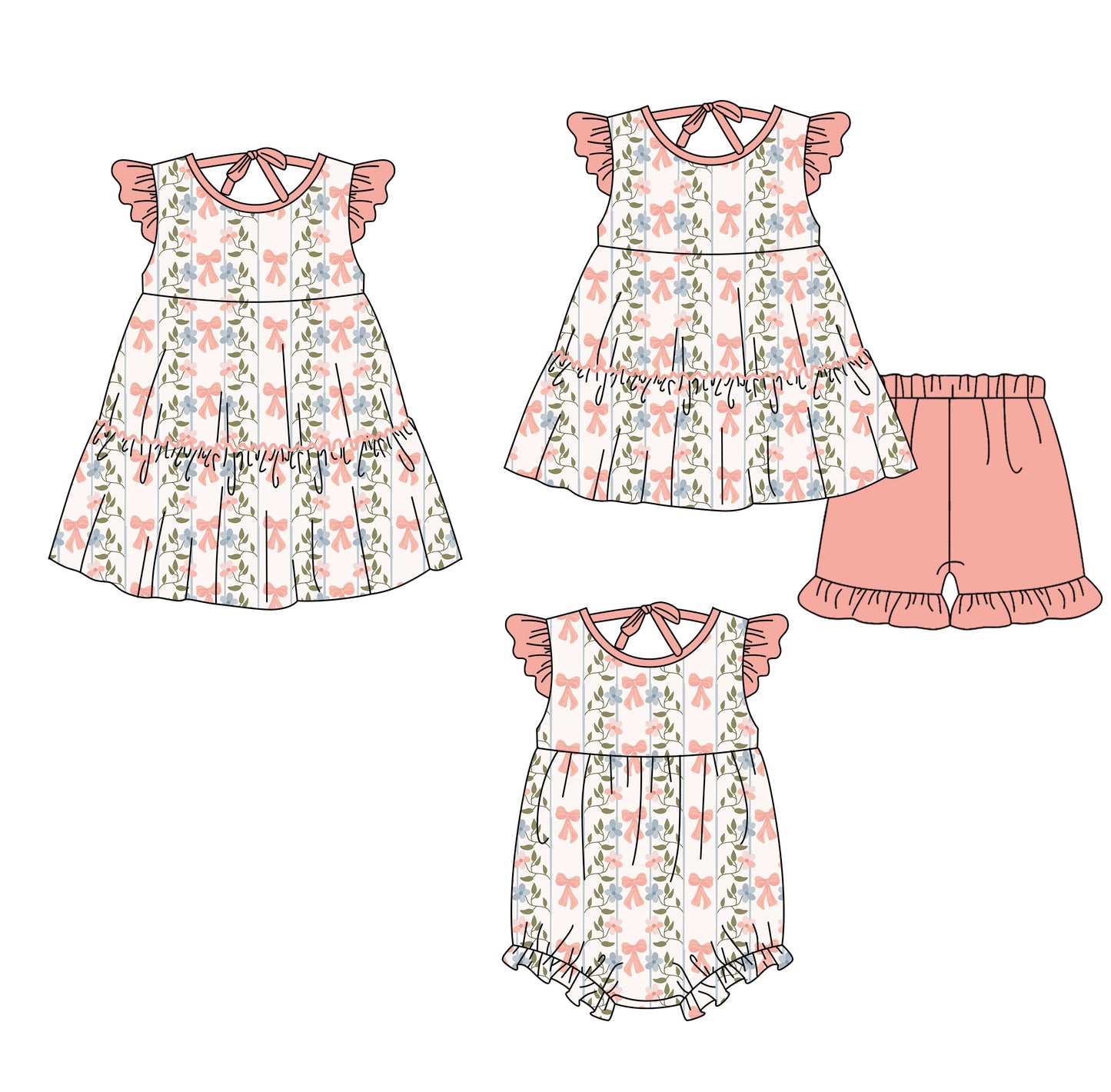 3.25 Custom moq 5 mix size Sibling Baby Girl's Flutter Sleeve Top And Shorts Set Cute Romper Dress for Summer