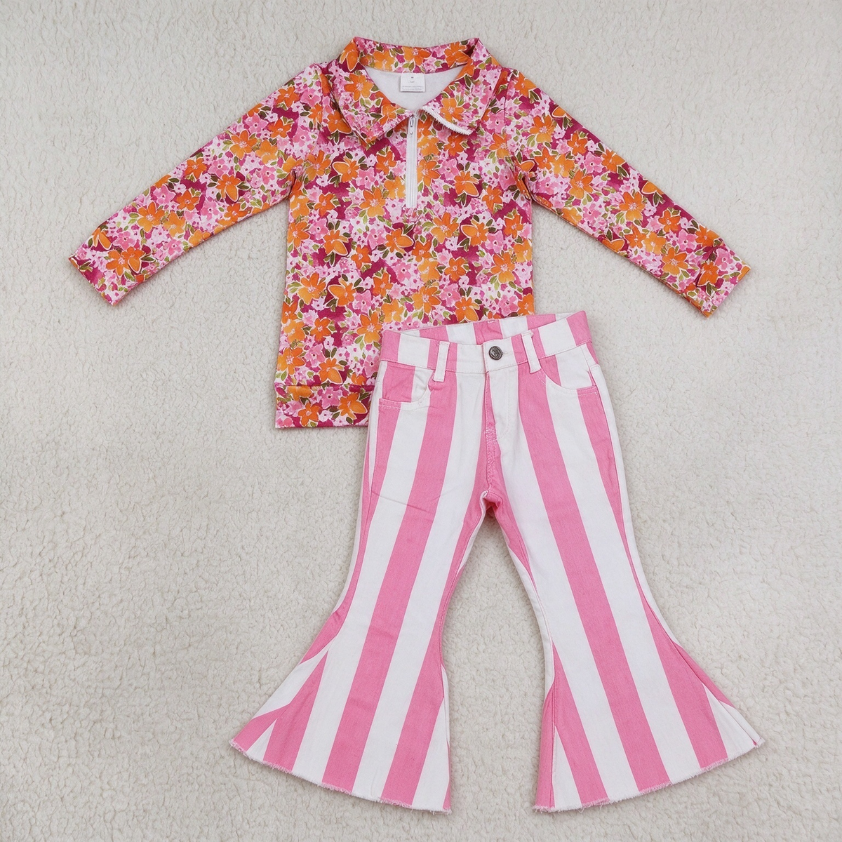 NEW RTS NO MOQ Denim GT1652+ P0315 Baby Girls Pink Floral Half Zip Collar Long Sleeve Top Pink White Stripe Bell Bottom Denim Pant Set