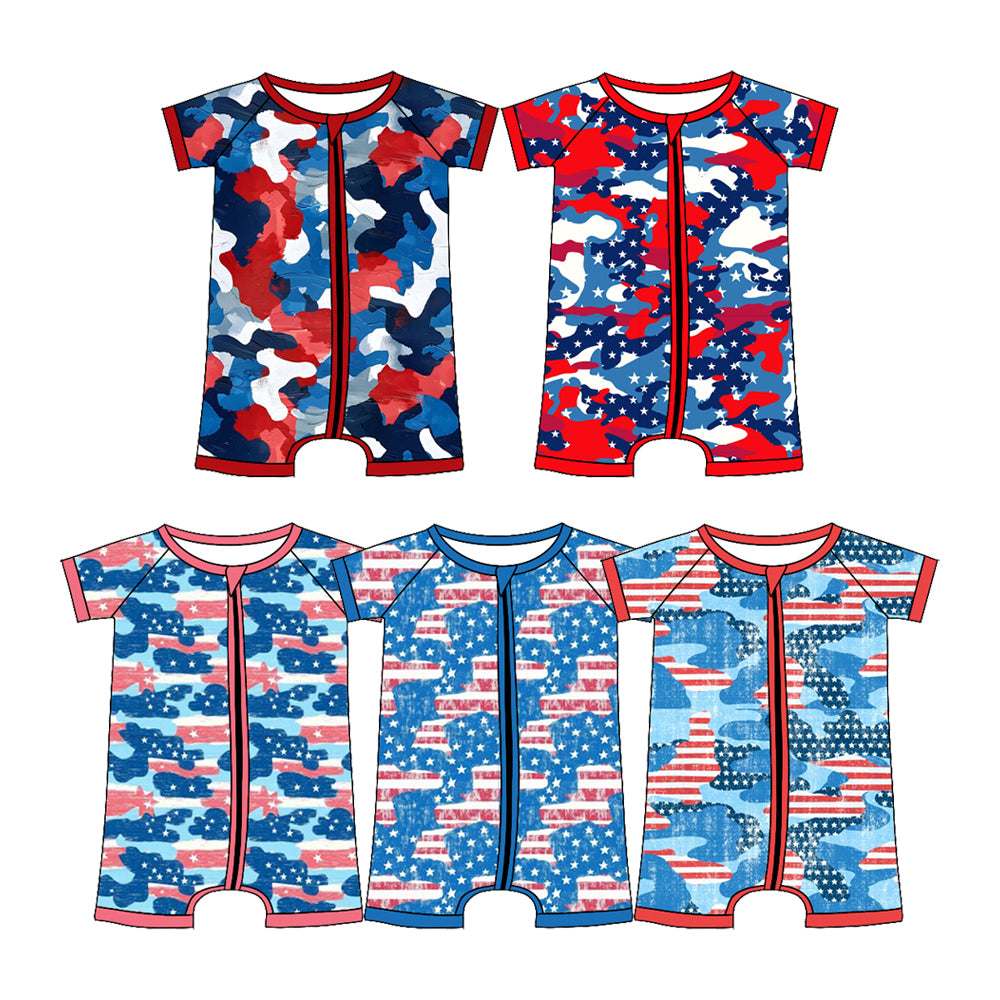 Custom moq 5 mix size Sibling Baby Boy Camouflage Zippered Romper 4th of July Short-Sleeved Outfit for Infants