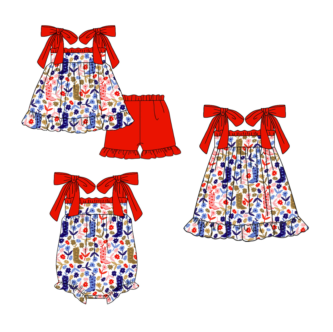 11.25 custom each style moq 5eta 4-6week Sibling Sister boot floral red baby girl short sleeve shorts sets and dress and rompers match family design