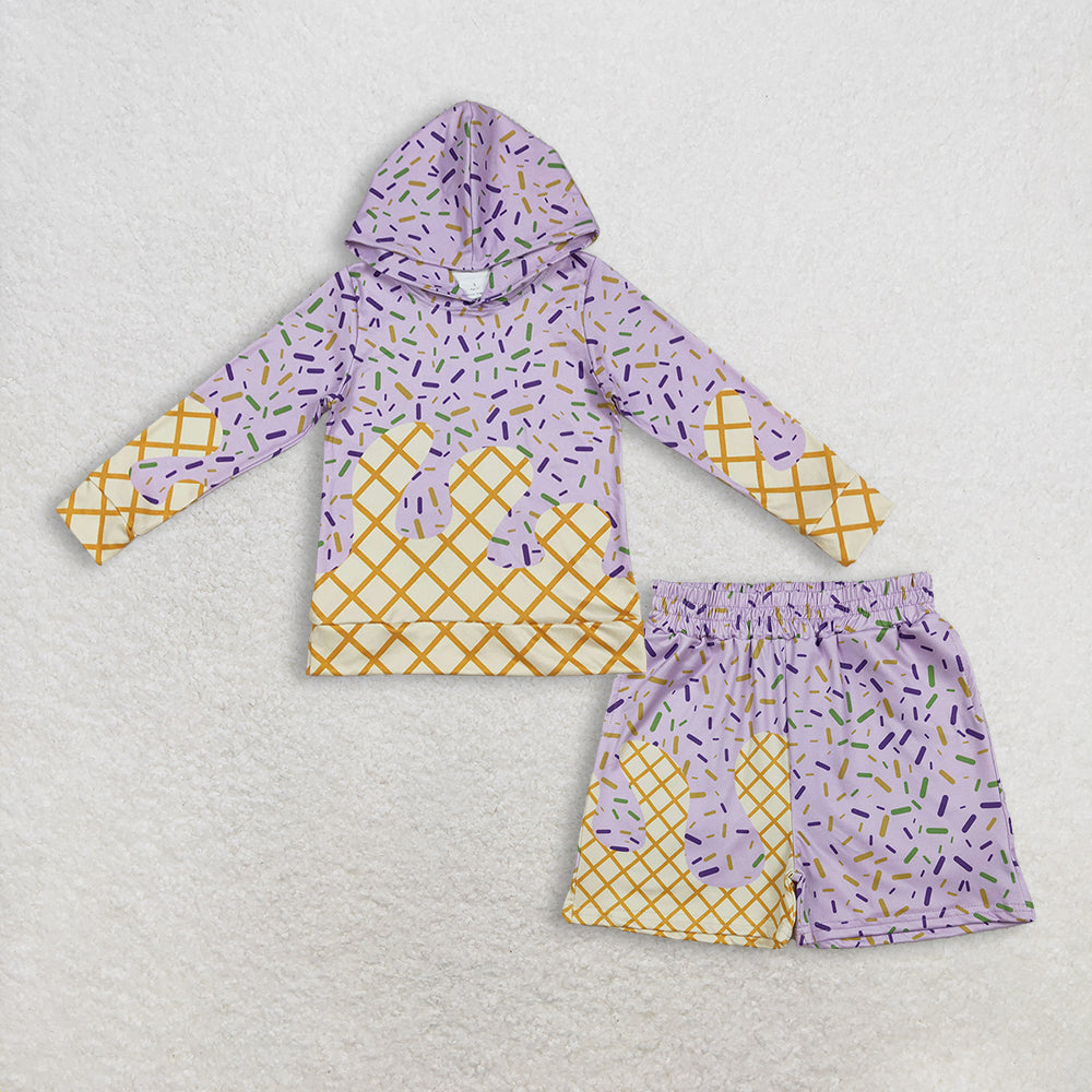 RTS NO MOQ(In Stock) BT1373+SS0653 baby girl clothes ice cream hooded long-Sleeve shorts sets-BLS0029