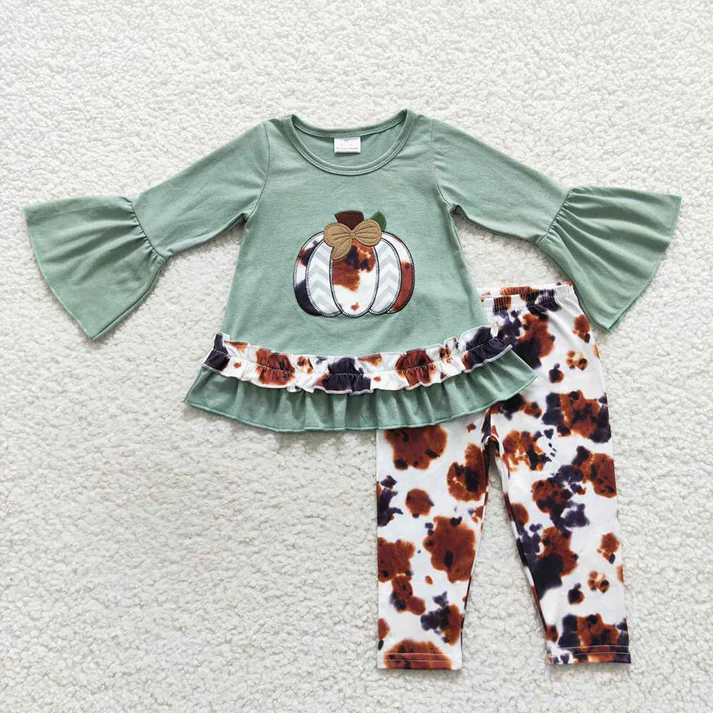 RTS NO MOQ Eta 5/7days Cowhide Pumpkin Western Rompers Sister Clothing Sets