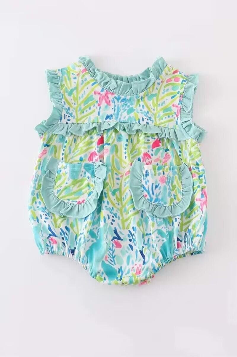 Girls green floral sleeveless romper