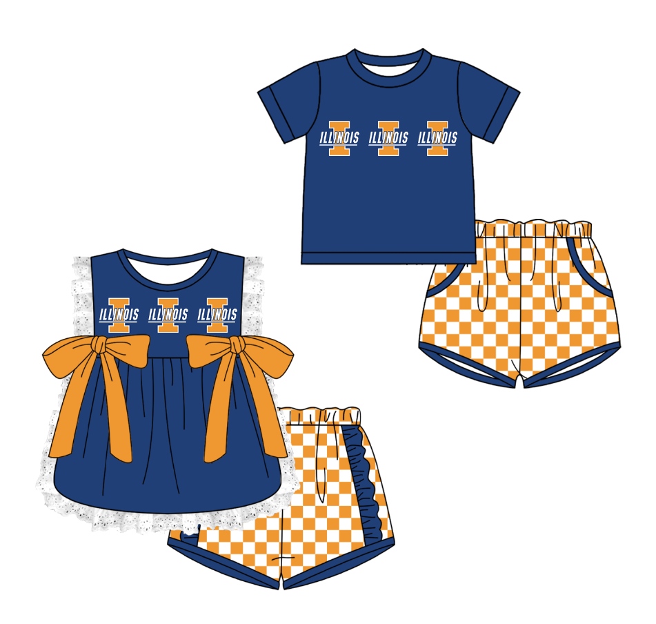 Custom moq 5 mix size milk silk summer teams Navy Blue Girl Sleeveless Top And Plaid Shorts Set with Bow Boy Short Sleeved Top And Plaid Shorts Set