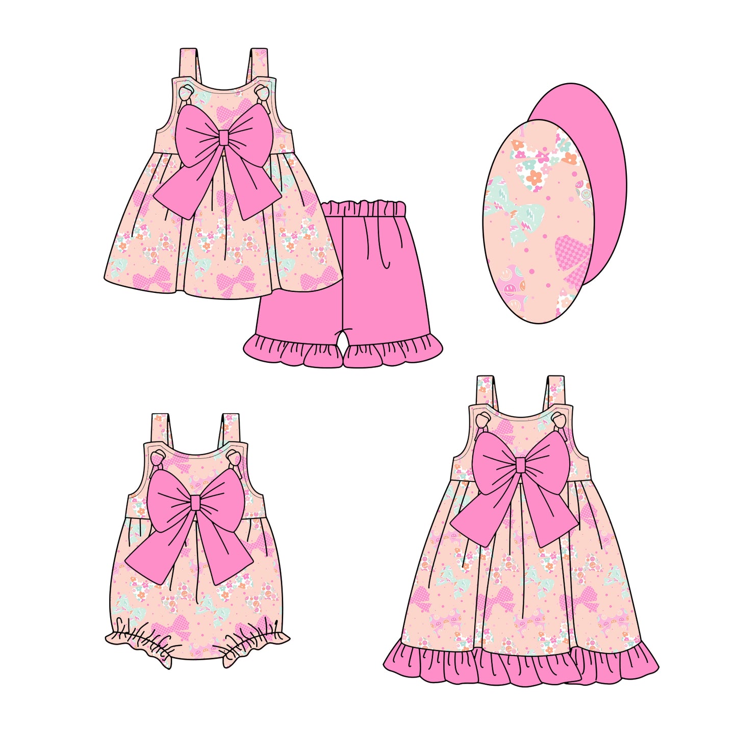 25.12.9 custom each style moq 5 eta 6-8week Sibling Sister bow baby short sleeve shorts sets and romper and dress match design