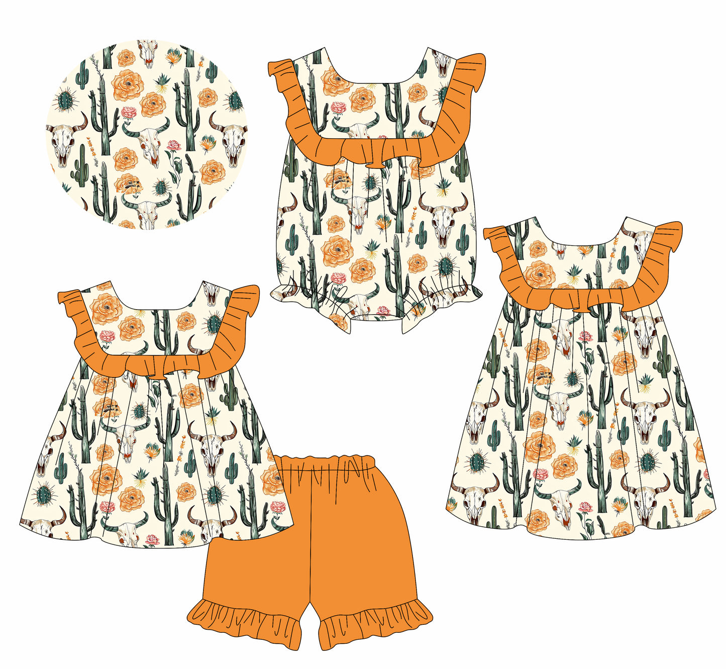3.12 custom each style moq 5eta 4-6week Sibling Sisters cow head catcus baby girl short sleeve shorts sets and dress and rompers match family design
