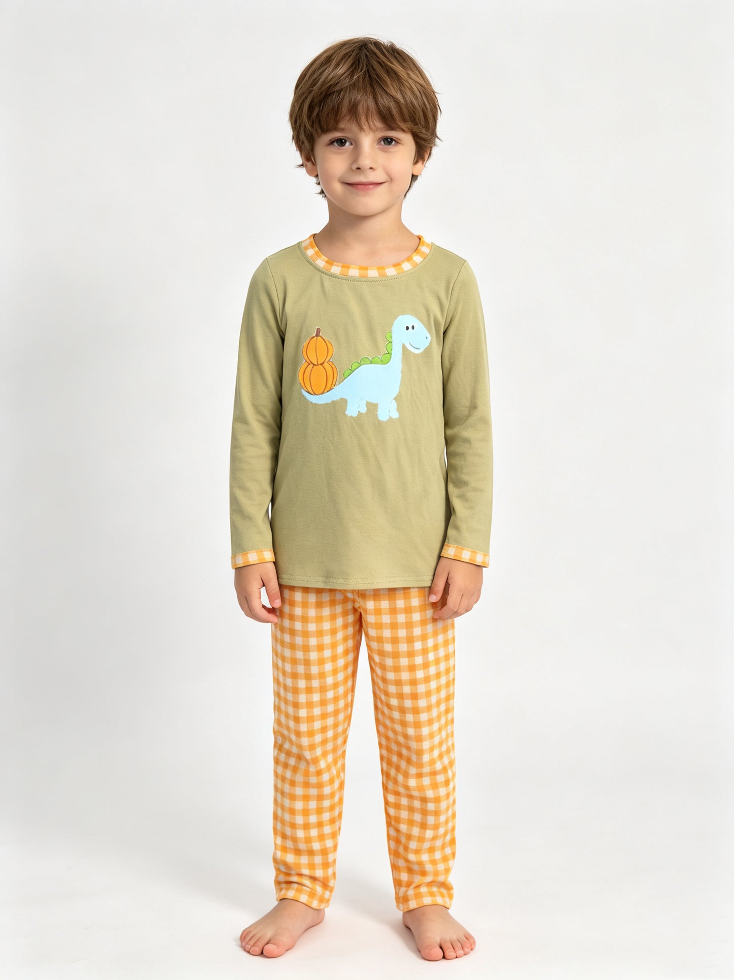 (Sample) No moq milk silk BLP1515 Embroidery Pumpkin Dinosaurs Baby Boys Top Checked Pants Fall Clothes Set Autumn Outfit