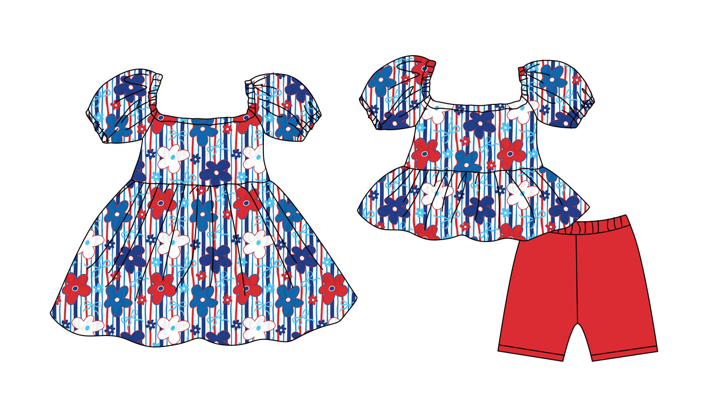 Custom moq 5 mix size Sibling Baby Girl's Blue Floral Print Short-Sleeved Top And Shorts Set Cute Dress Combination for Little Ones