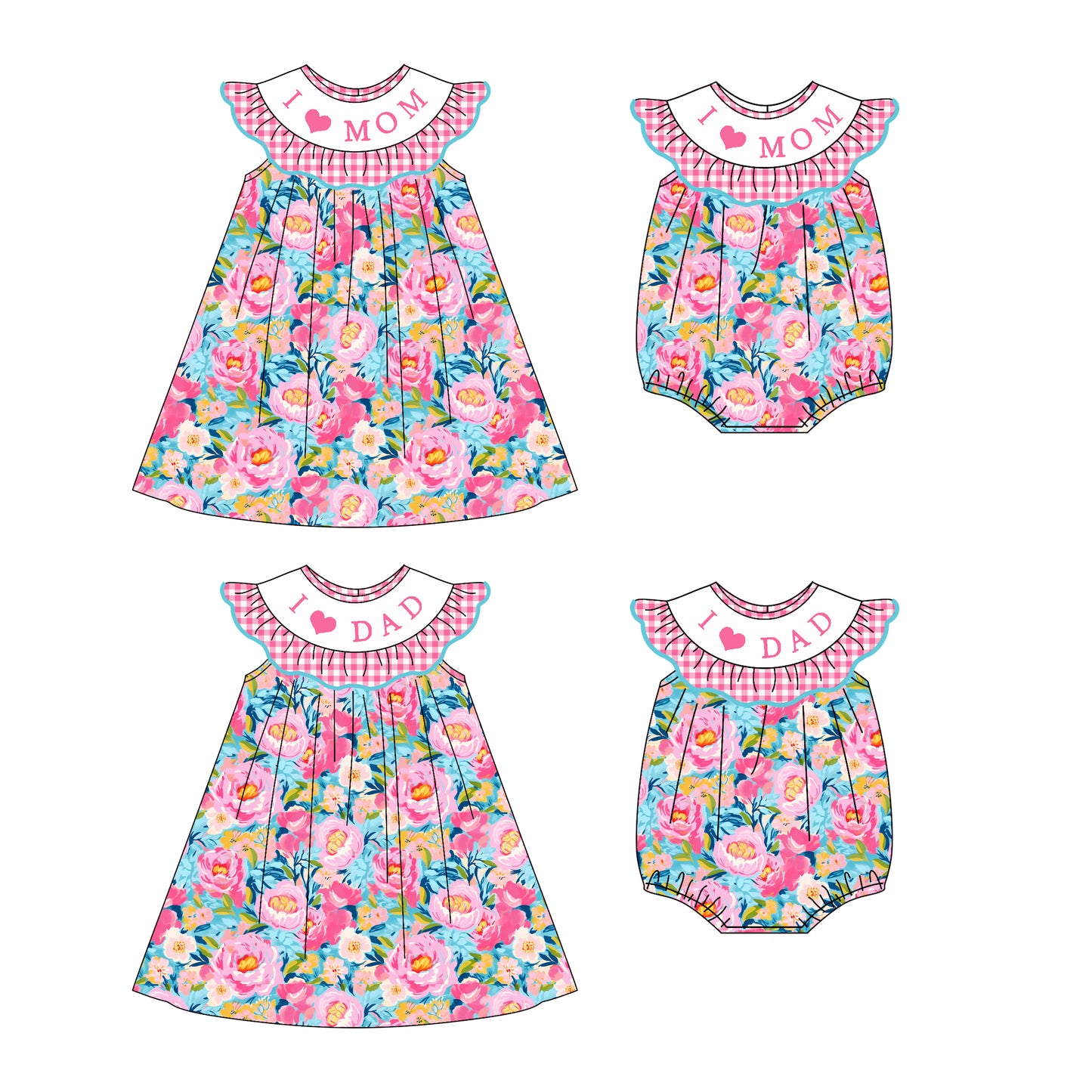 4.22 custom each style moq 5eta 4-6week Sibling Sisters I LOVE MOM DAD floral girl short sleeve dress and rompers match family design