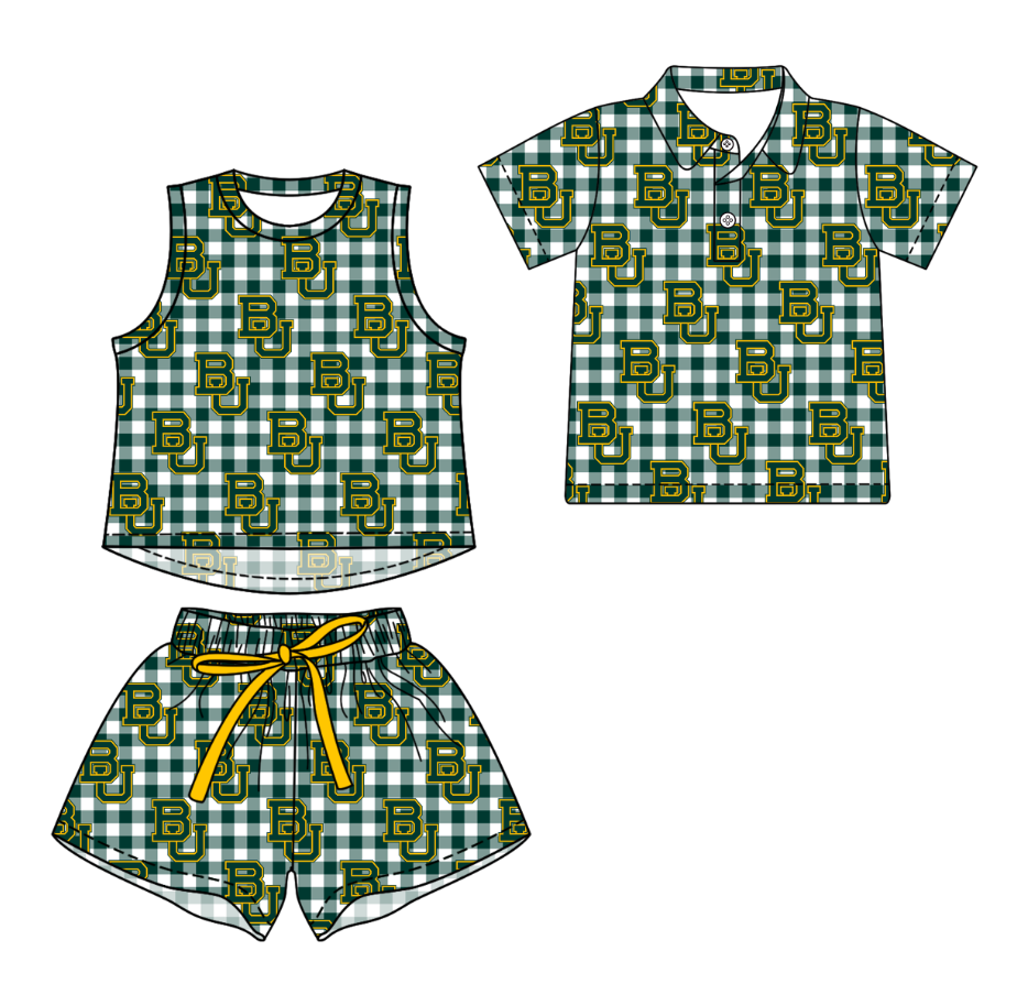Custom moq 5 mix size milk silk summer teams Checked Girls Green Sleeveless Top And Short Sets Boys Short Sleeve Button Polo Shirt Top