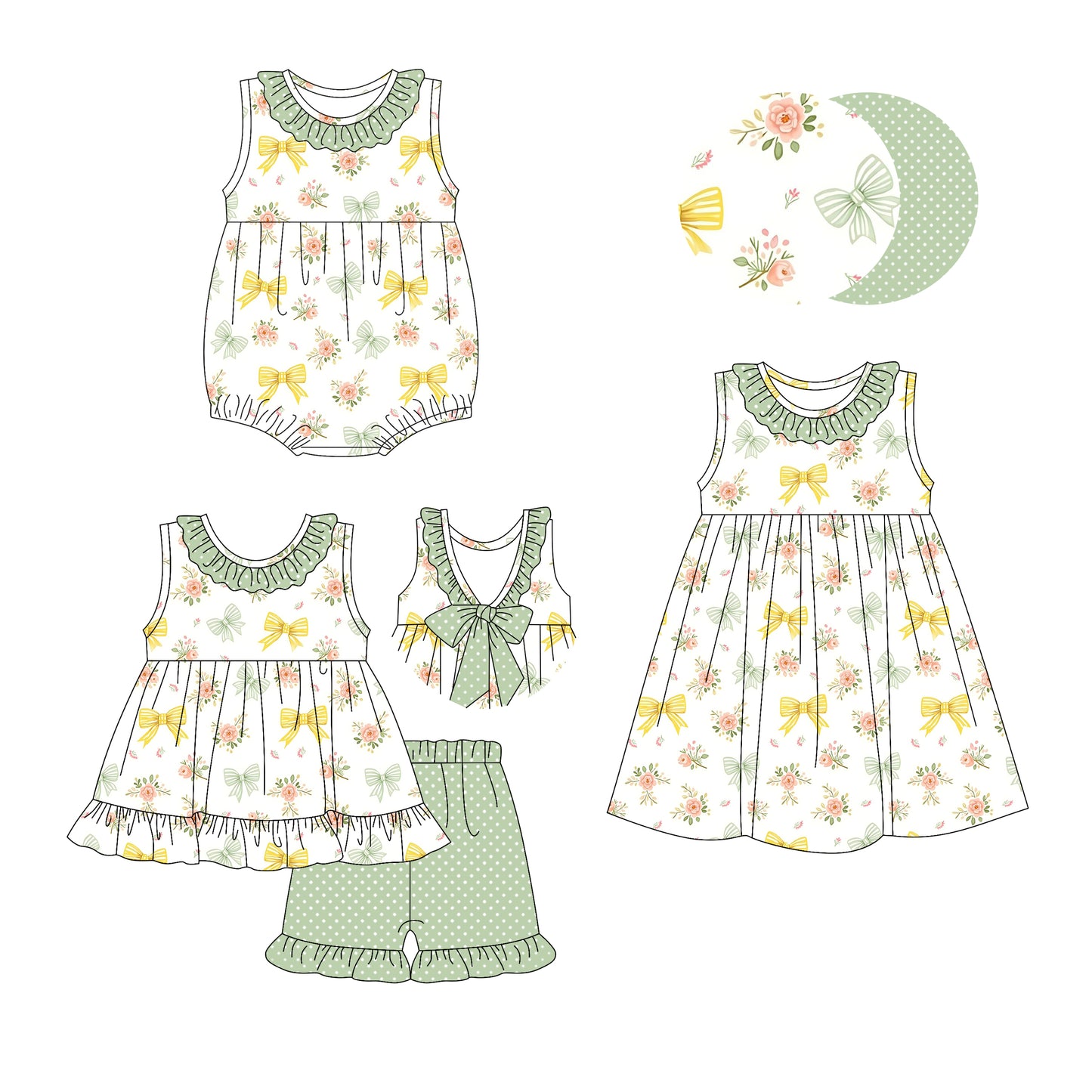 2.28 custom each style moq 5eta 4-6week Sibling Sister floral bow baby girl short sleeve shorts sets and dress and rompers match family design