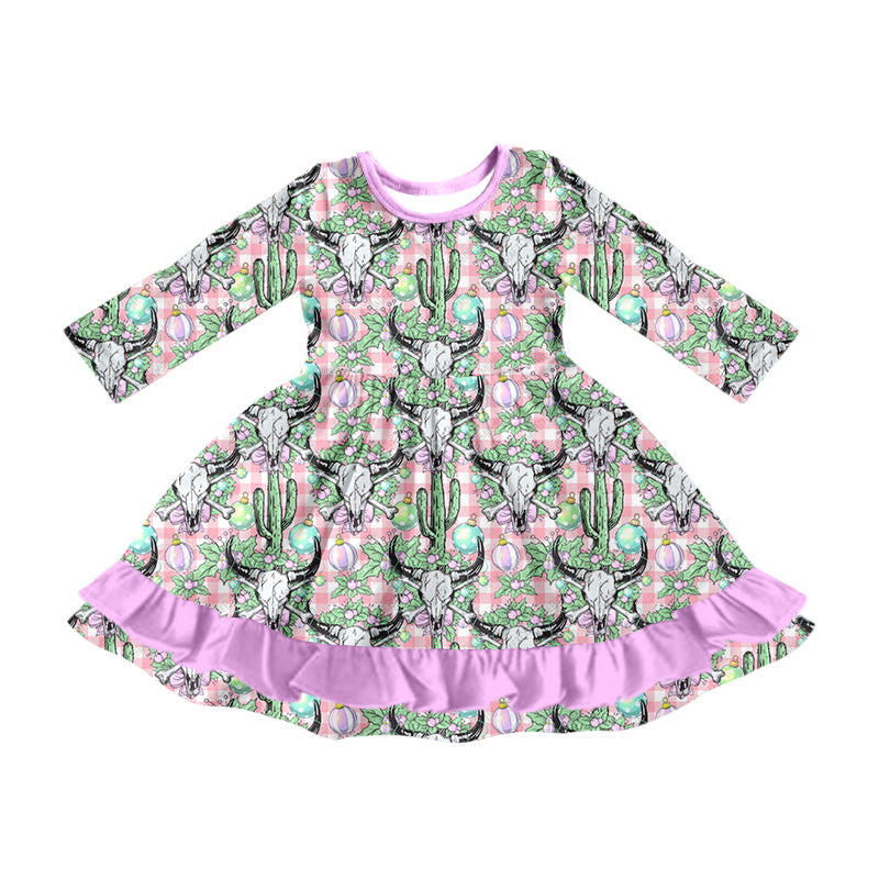 8.13 custom each style moq 5eta 4-6week baby girls clothes cow head catcus long sleeve purple dress